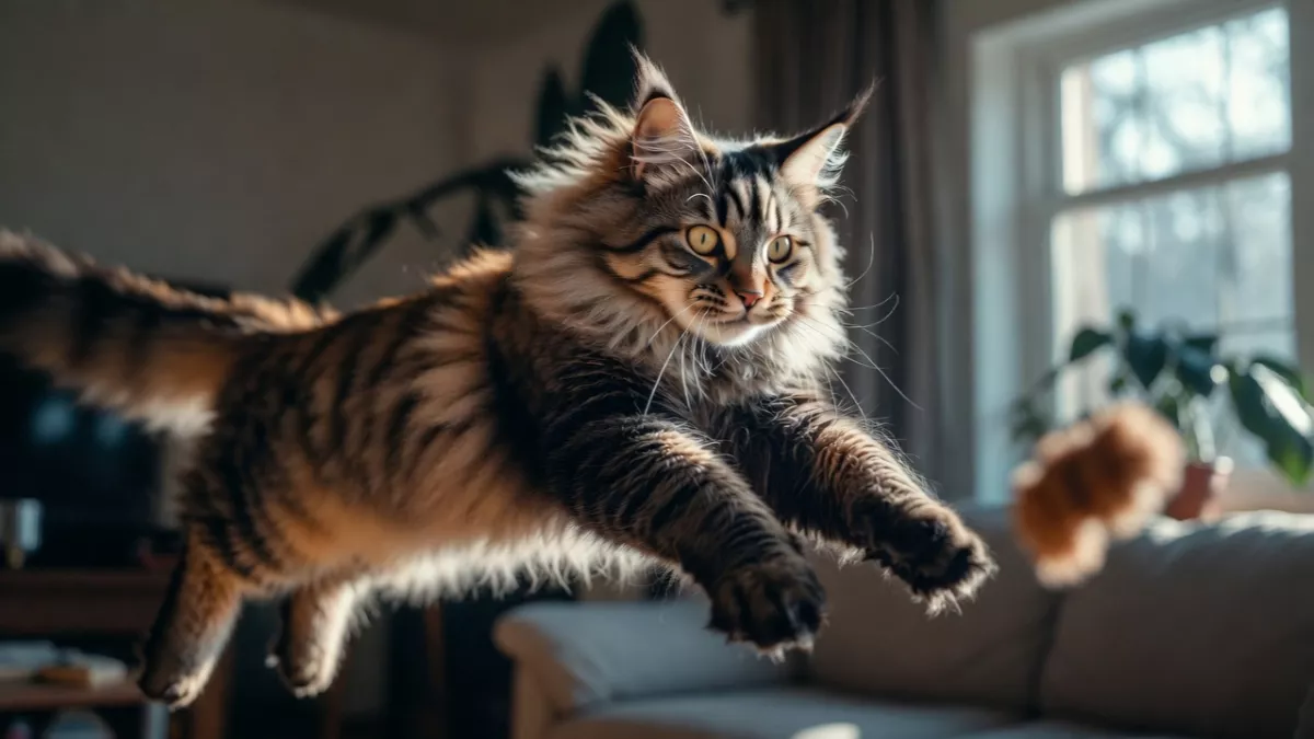 A muscular Maine Coon cat shown mid-air jumping after a toy, highlighting its athletic build and energy.