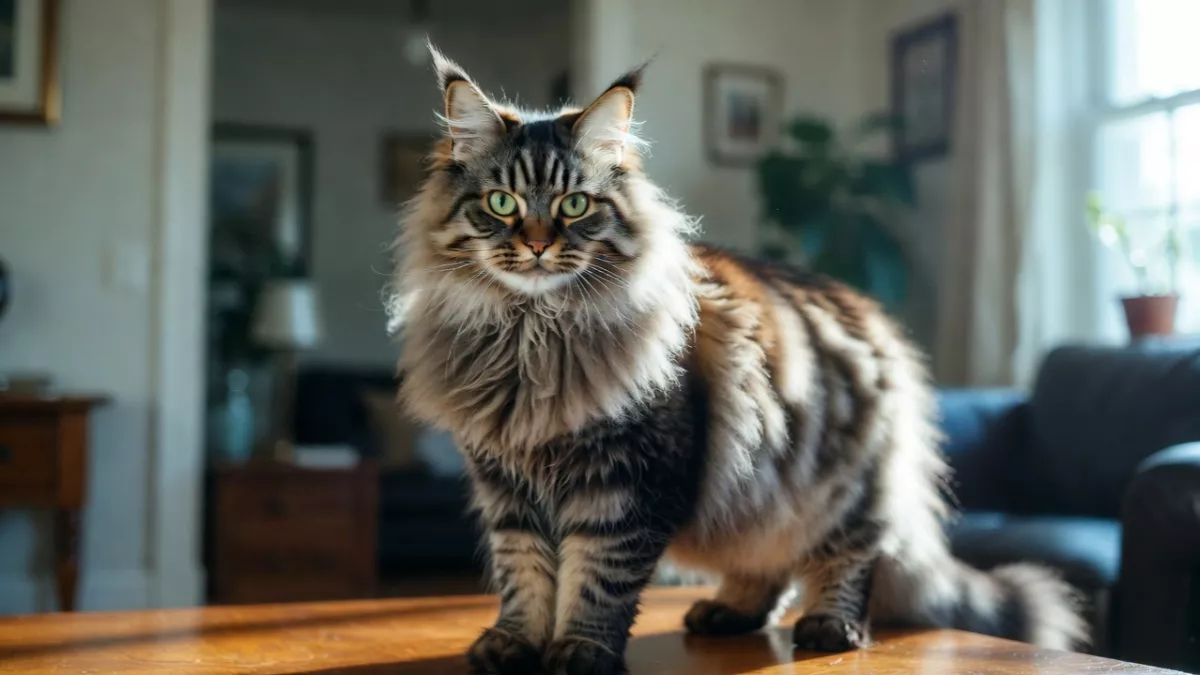 A large, muscular adult Maine Coon cat in its prime years (1-5 range), showing a healthy weight and strong skeletal structure supported by proper nutrition.