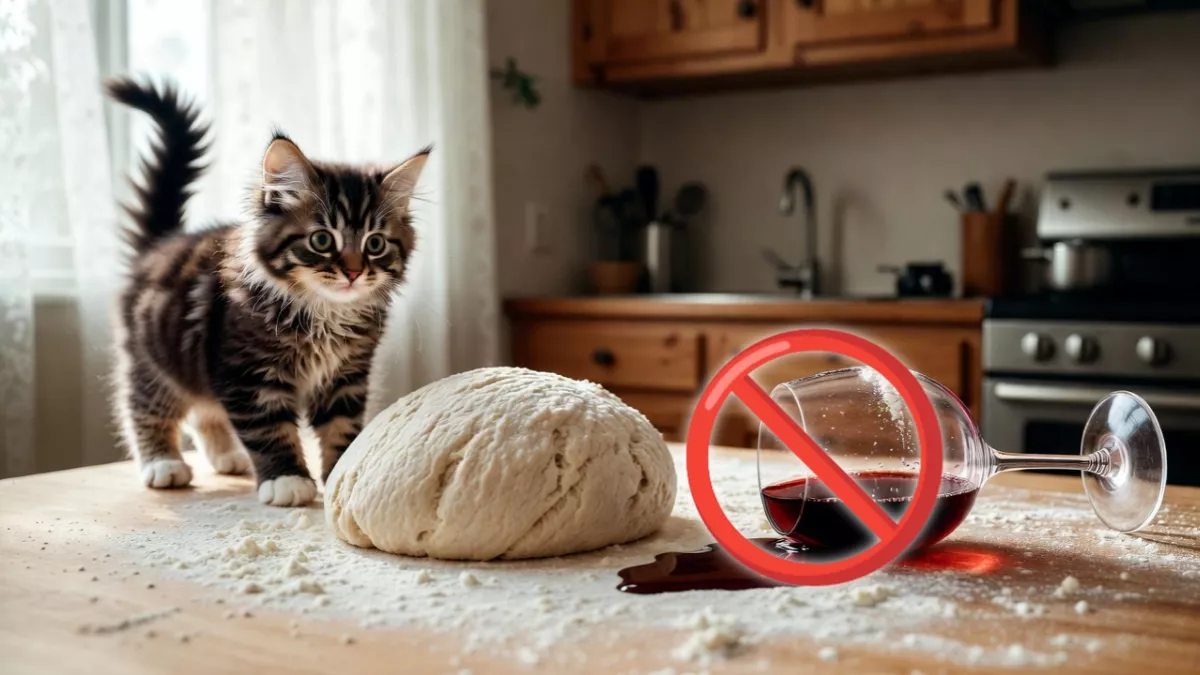 Spilled wine and raw yeast dough, toxic human foods poison for cats.