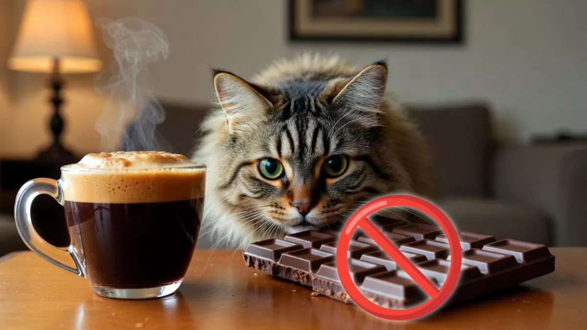Dark chocolate and coffee, dangerous human foods poison for cats.