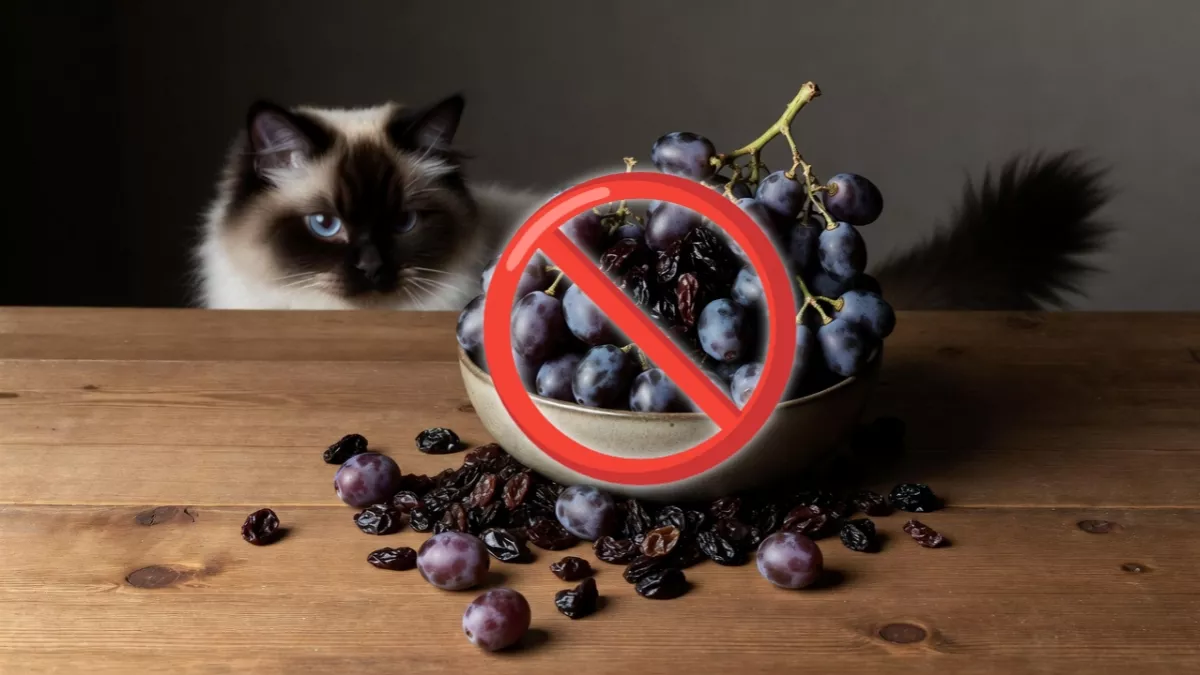 A bowl of grapes and raisins, known human foods poison for cats.