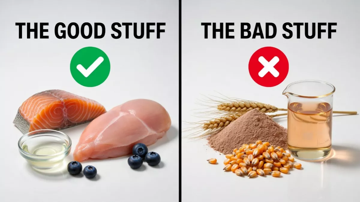 A comparison image showing fresh, named meats like chicken and salmon on the left versus cheap fillers like corn, wheat, and generic meat meals on the right for Maine Coon diets.