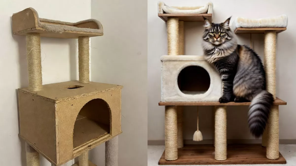 Comparison of a standard cat tree vs a heavy-duty tree for Maine Coons.