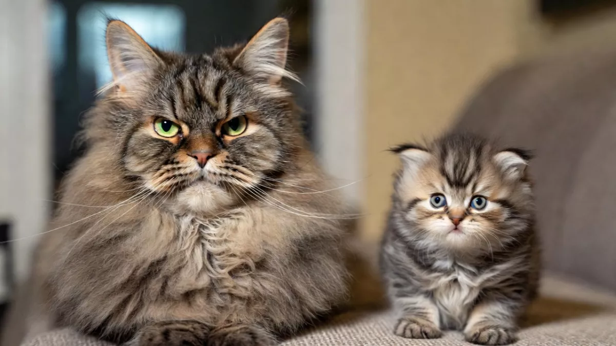 A small 3-month-old Maine Coon kitten sitting next to a massive adult Maine Coon cat, showing significant size difference.