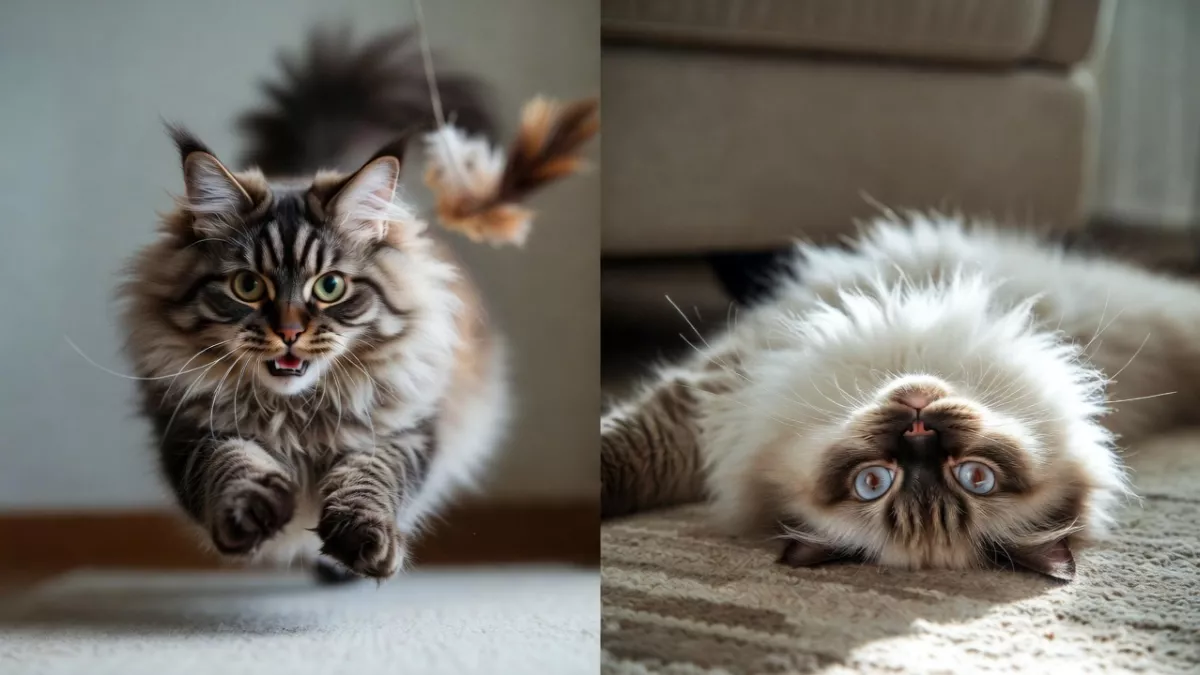A comparison image showing a playful, jumping Maine Coon on the left and a relaxed, floppy Ragdoll on the right.