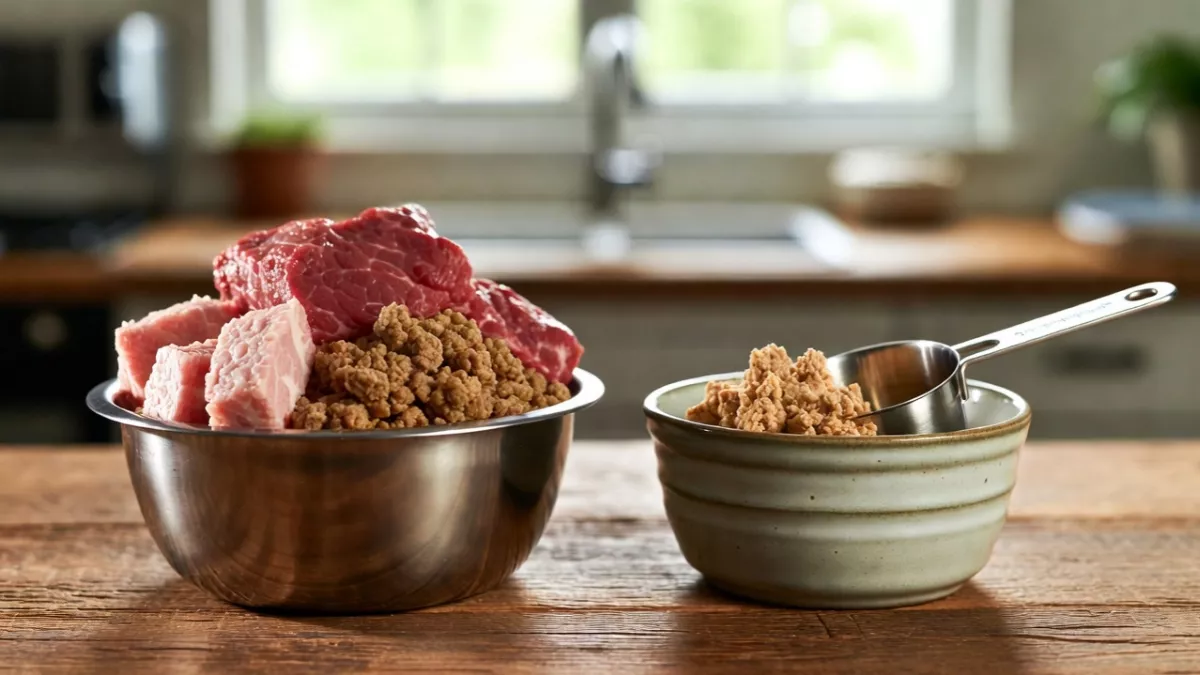 Side-by-side comparison of a large high-calorie meal for a Maine Coon versus a smaller, portion-controlled meal for a Ragdoll.