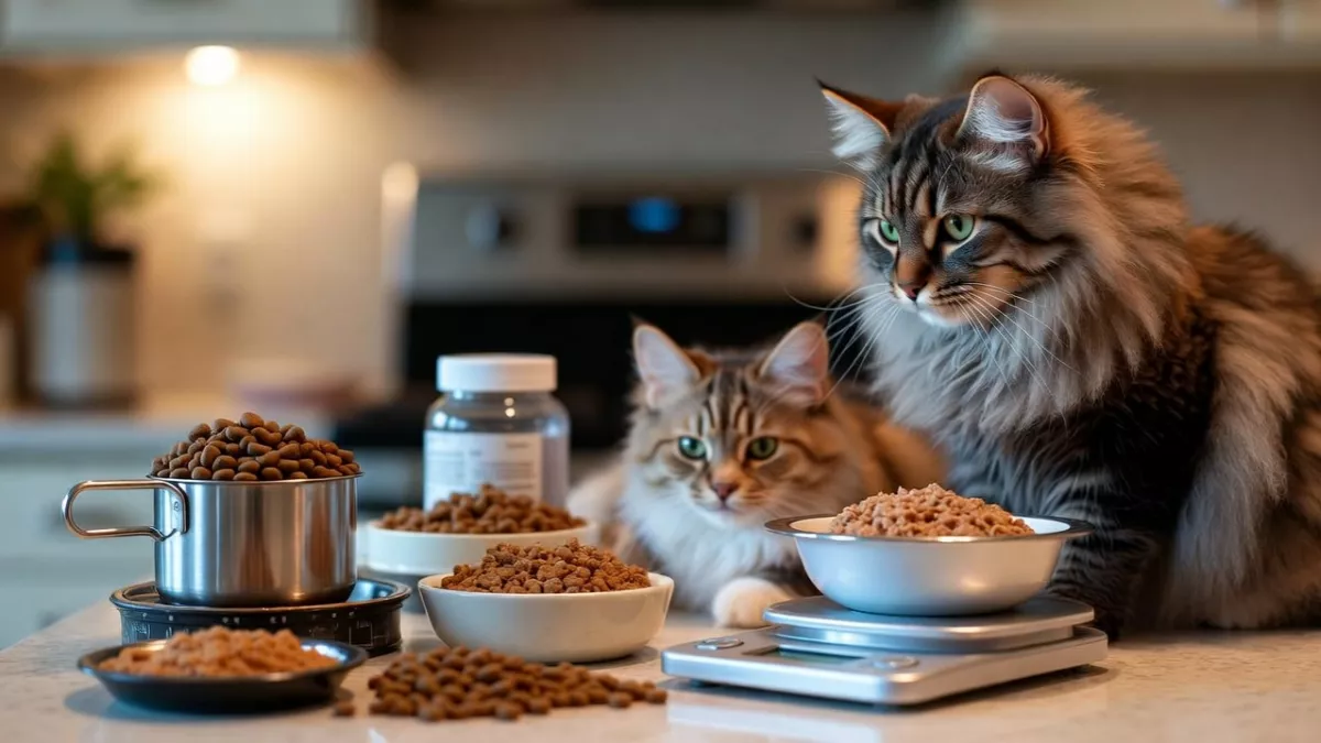 A measuring cup and a kitchen scale weighing cat food, illustrating the importance of measuring portions based on a Maine Coon's specific body weight and activity level.