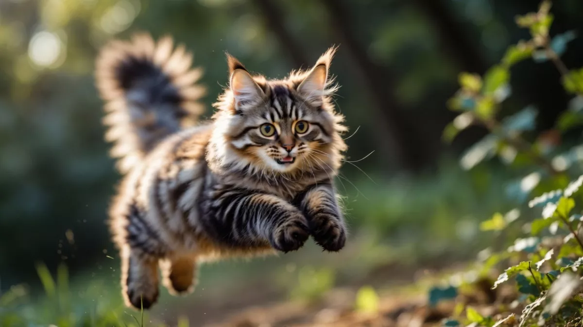Active Maine Coon cat maintained by high protein diet.