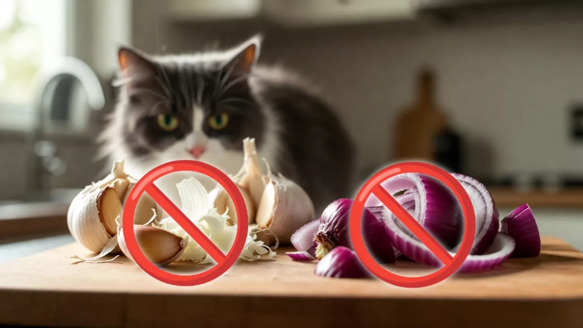 Chopped onions and garlic on a counter which are human foods poison for cats.
