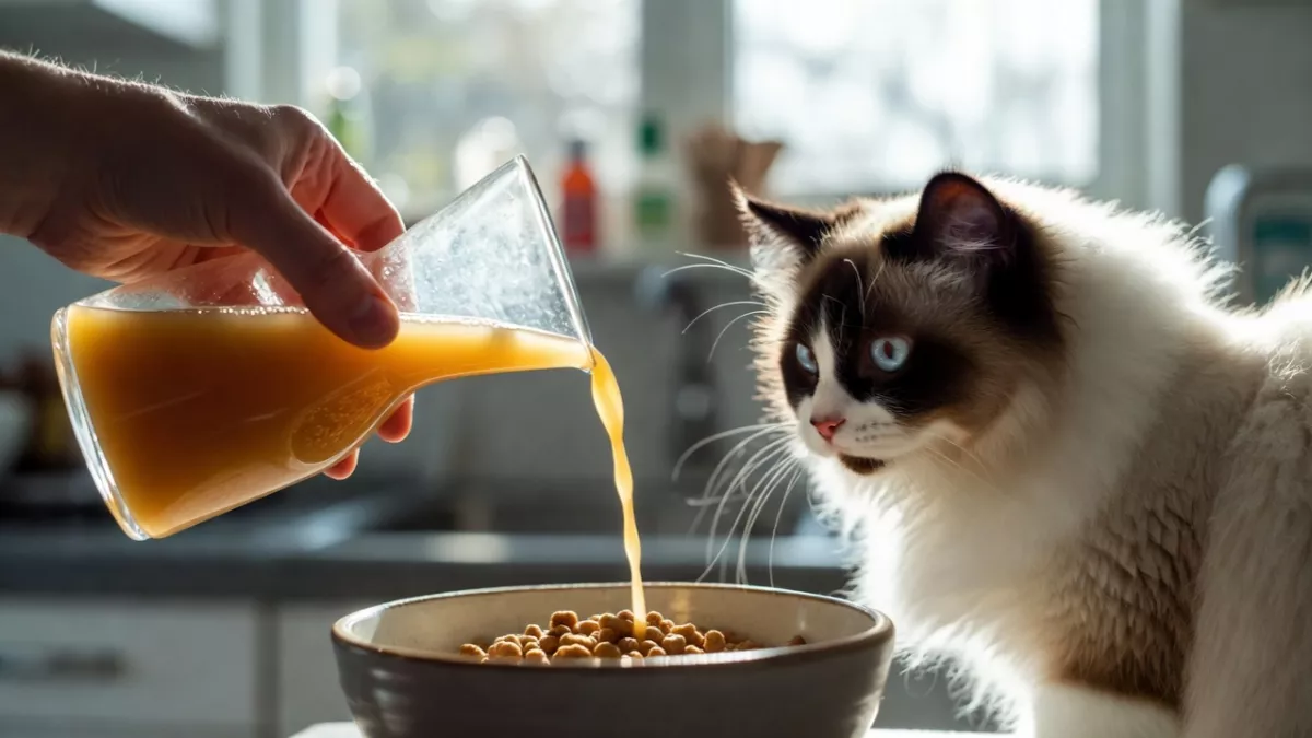 Bone broth topper over a bowl of dry kibble for a Ragdoll cat to increase hydration.
