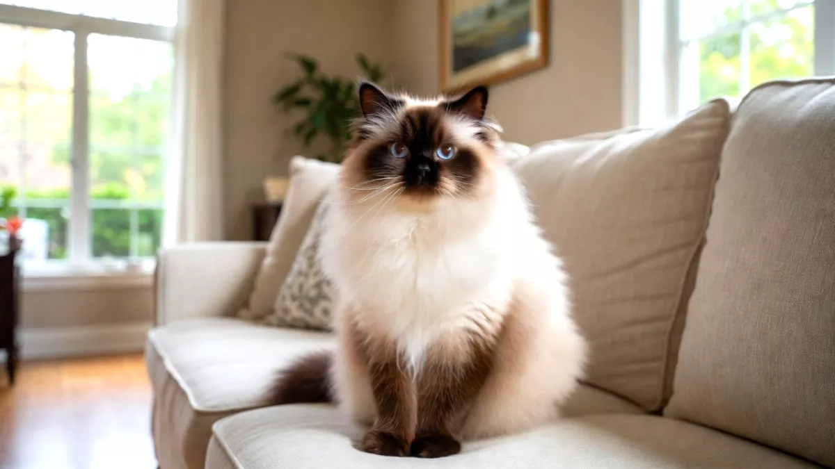 A fluffy seal bicolor Ragdoll cat sitting on a sofa, representing the Ragdoll Cat Price 2026.
