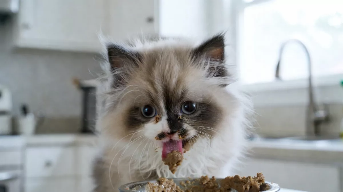 Happy Ragdoll kitten eating wet food from a bowl.