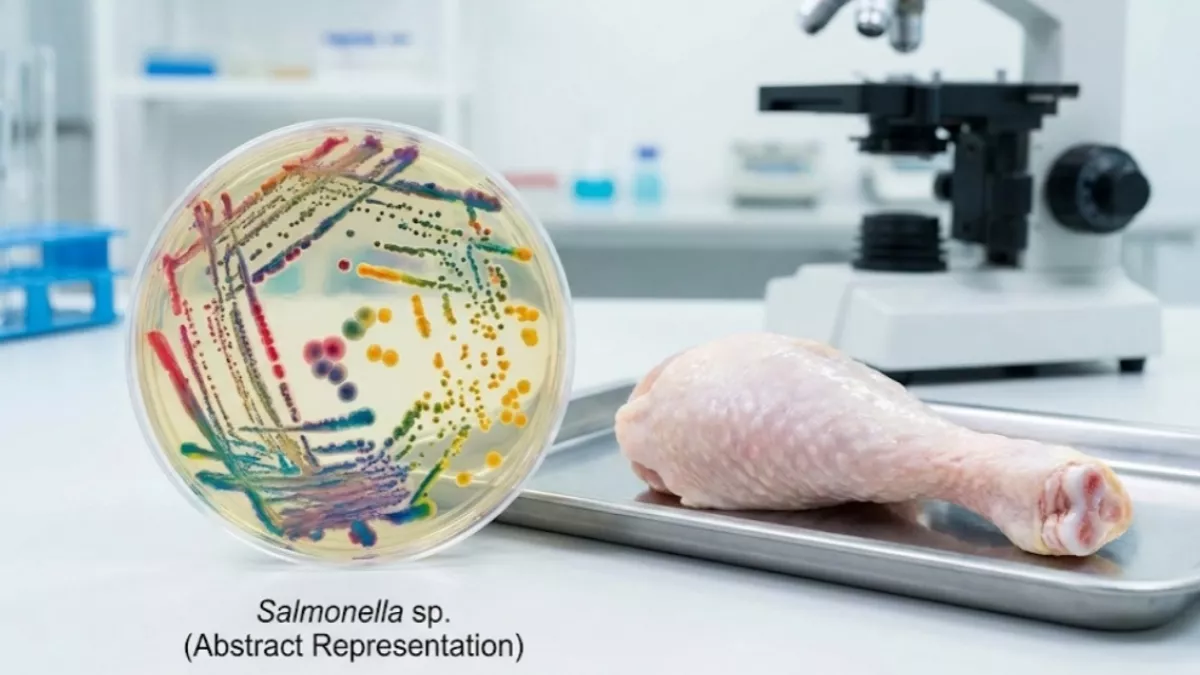 Illustration of bacterial risks like Salmonella in raw meat for cats.