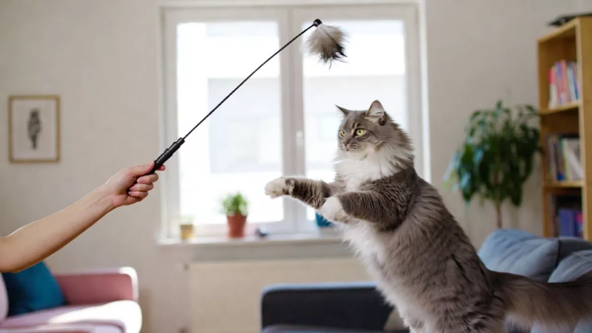 A person using a long wand toy to safely play with a cat and redirect its biting instincts away from hands.