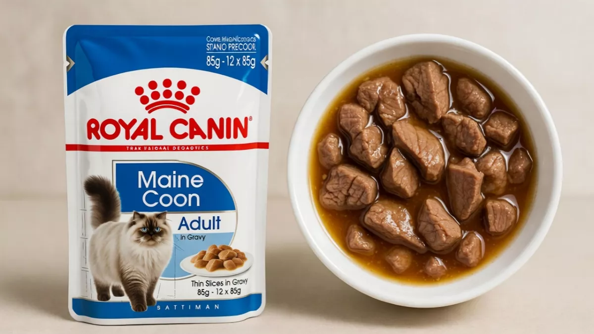 Royal Canin Maine Coon wet food pouch and thin slices in gravy texture.