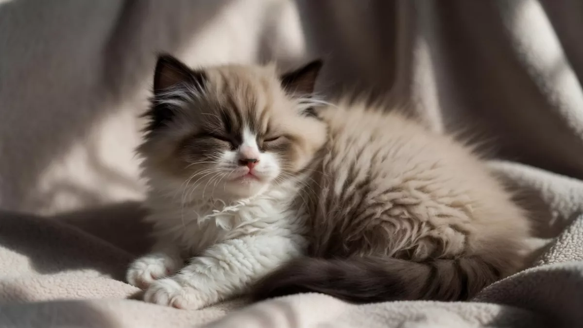 A healthy, sleeping Ragdoll kitten with a full tummy.