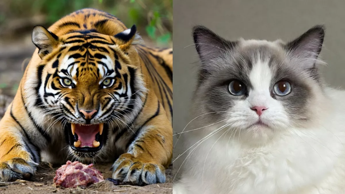 Comparison between a wild tiger's raw diet and a domestic Ragdoll cat.