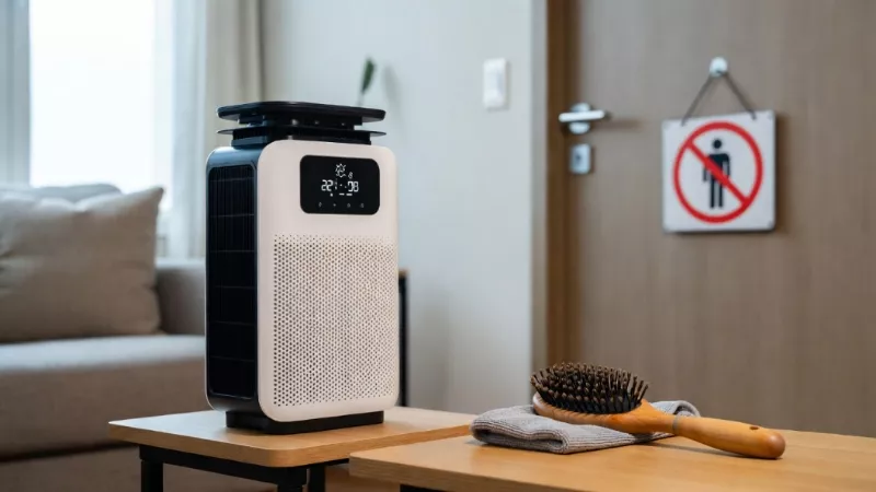 An air purifier, microfiber cloth, and grooming tools for managing cat allergies.