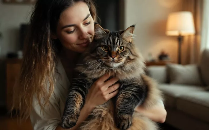 Owner holding a happy Maine Coon cat that communicates through chirps.
