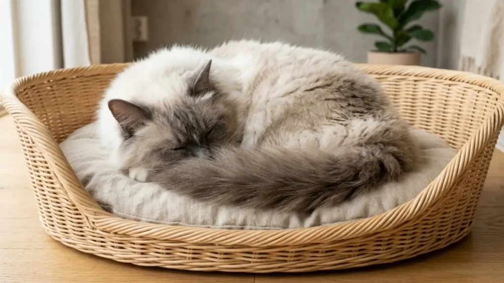 A blue point Ragdoll cat tucked into a tight perfect circle with its nose pressed into its fluffy tail.