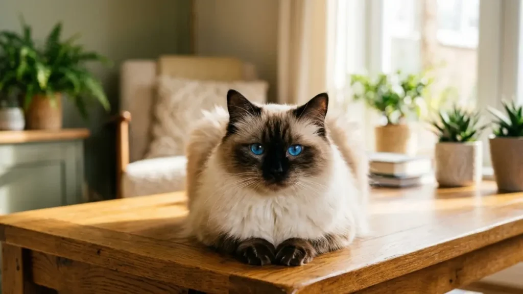 A seal point Ragdoll cat sitting in a perfect neat loaf position with paws tucked under on a wooden coffee table.