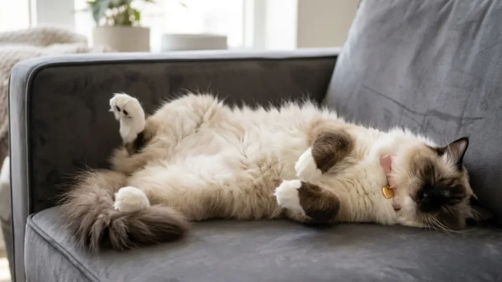 A fluffy Ragdoll cat sleeping soundly on its back with its belly exposed on a grey velvet sofa.