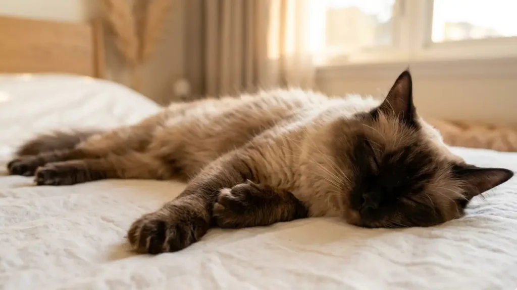 A chocolate point Ragdoll cat stretched out flat on its side sleeping deeply on a white bedspread.