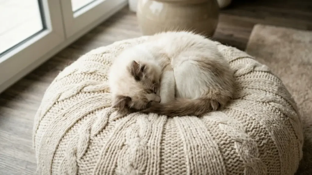 A young Ragdoll cat tightly compact like a miniature sphere of white and tan fur on a cream floor pouf.