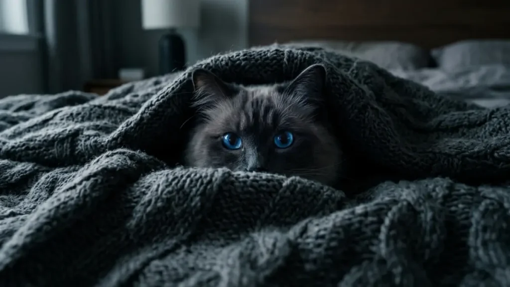 A Ragdoll cat with bright blue eyes peeking out from inside a grey knit wool duvet cover on a bed.